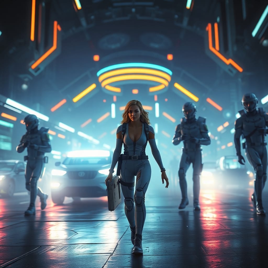 A cinematic, futuristic sci-fi style image depicting Lucia in GTA6 passing a group of NPCs. The scene features film-like composition, dramatic lighting, advanced technology, and space elements