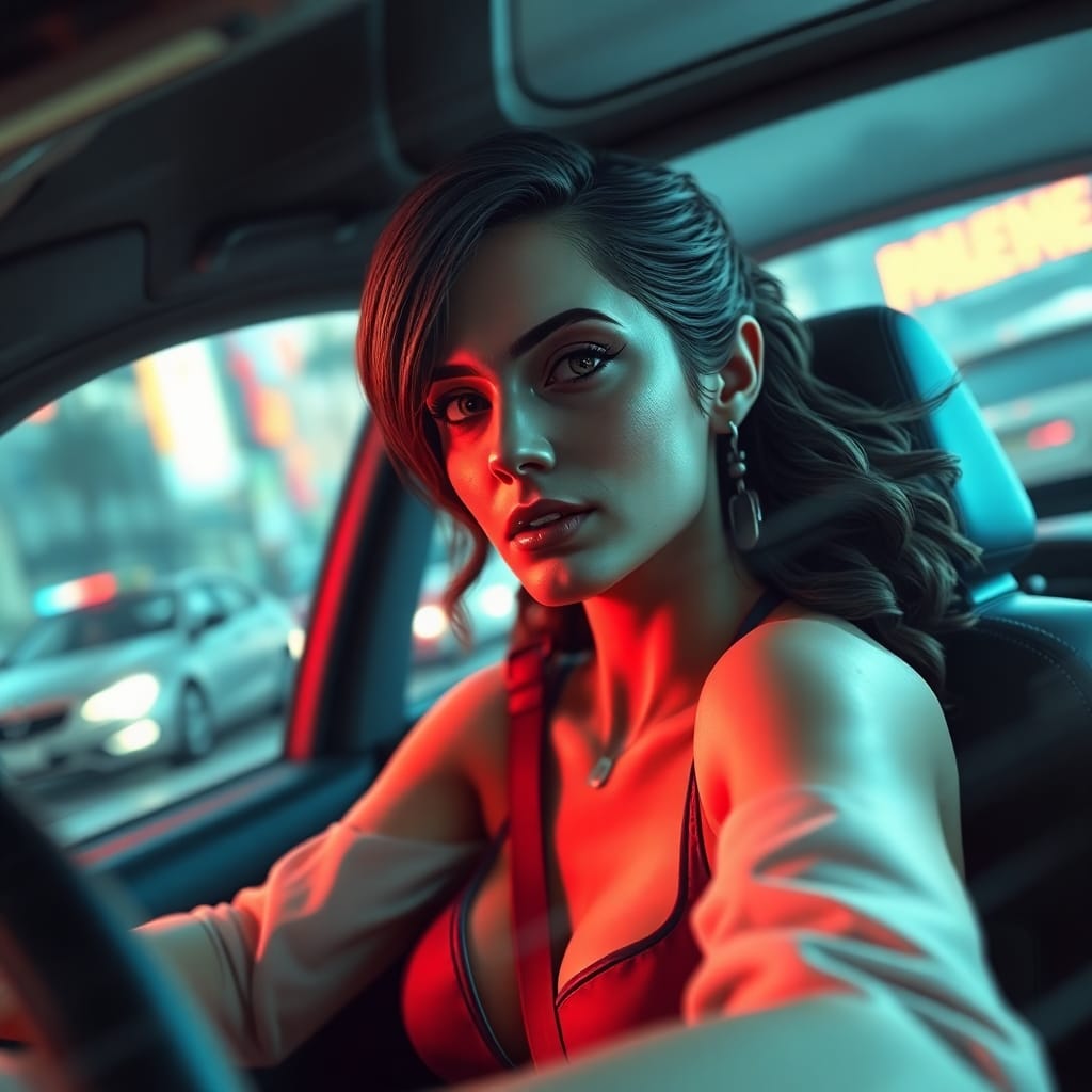 A dreamlike, surreal GTA6 image of Lucia in a high-speed police chase, featuring fantastical elements and bizarre scenes. A blurred bokeh effect softens the background, keeping Lucia sharply in focus